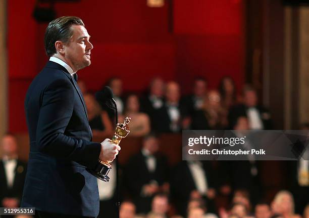 Actor Leonardo DiCaprio accepts the Best Performance by an Actor in a Leading Role award for "The Revenant" onstage during the 88th Annual Academy...