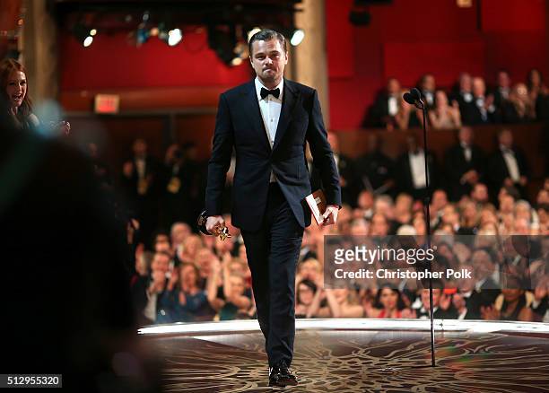 Actor Leonardo DiCaprio accepts the Best Performance by an Actor in a Leading Role award for "The Revenant" onstage during the 88th Annual Academy...