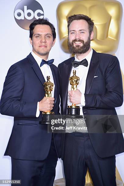Shan Christopher Ogilvie and Benjamin Cleary, winners of Best Live Action Short Film for 'Stutterer,' pose in the press room during the 88th Annual...