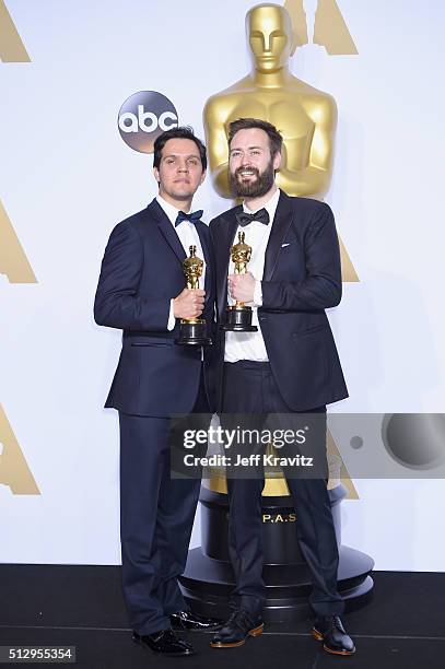 Shan Christopher Ogilvie and Benjamin Cleary, winners of Best Live Action Short Film for 'Stutterer,' pose in the press room during the 88th Annual...