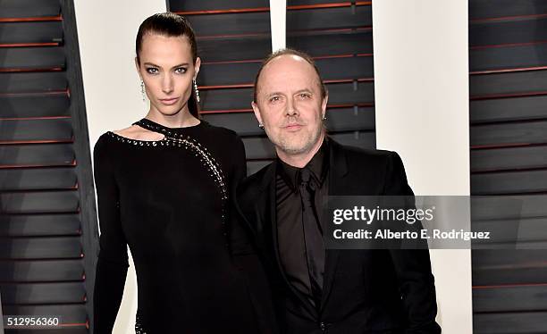 Model Jessica Miller and recording artist Lars Ulrich attend the 2016 Vanity Fair Oscar Party hosted By Graydon Carter at Wallis Annenberg Center for...