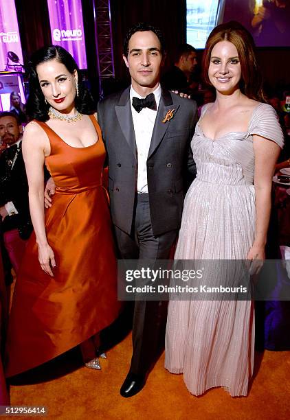 Model Dita Von Teese, fashion designer Zac Posen and singer Lana Del Rey attend the 24th Annual Elton John AIDS Foundation's Oscar Viewing Party at...