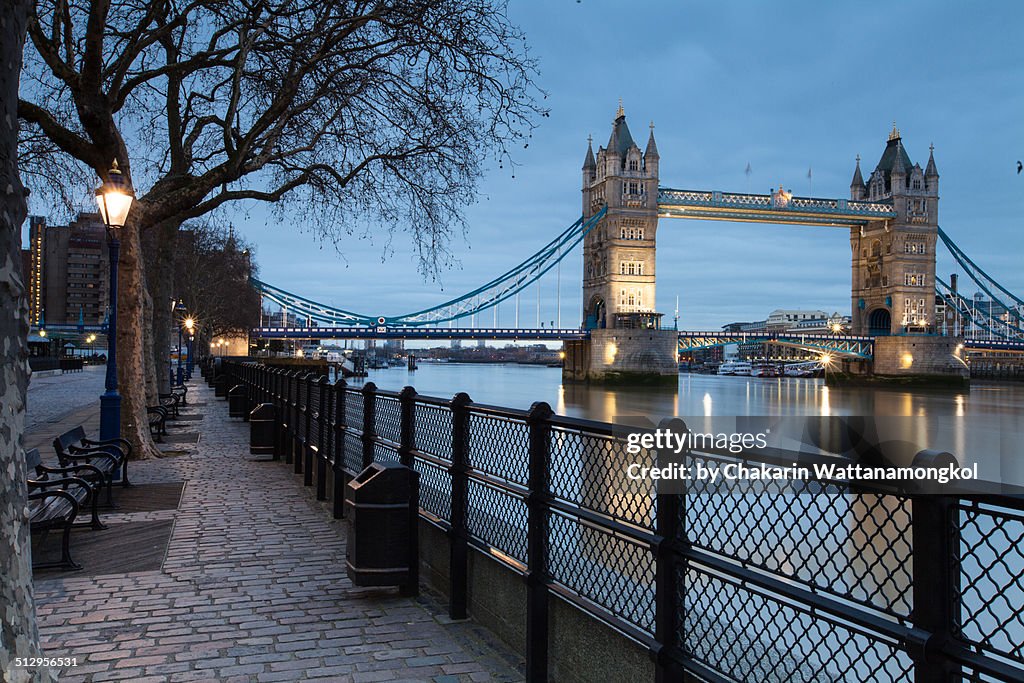 Footpath and view of the Tower Bridge.