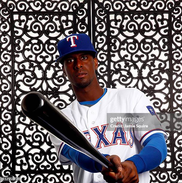 Pedro Ciriaco of the Texas Rangers poses during a spring training photo shoot on February 28, 2016 in Surprise, Arizona.