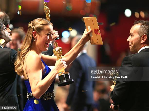 Actress Brie Larson, winner of Best Actress for 'Room,' onstage at the 88th Annual Academy Awards at Dolby Theatre on February 28, 2016 in Hollywood,...