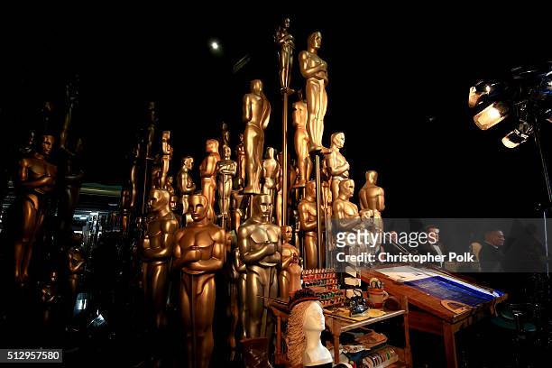 Oscar statues are seen backstage during the 88th Annual Academy Awards at Dolby Theatre on February 28, 2016 in Hollywood, California.