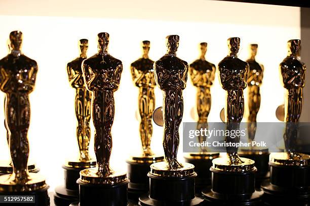 Oscar statues are seen backstage during the 88th Annual Academy Awards at Dolby Theatre on February 28, 2016 in Hollywood, California.