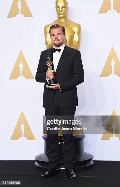 Actor Leonardo DiCaprio, winner of Best Actor for 'The Revenant,' poses in the press room during the 88th Annual Academy Awards at Loews Hollywood...