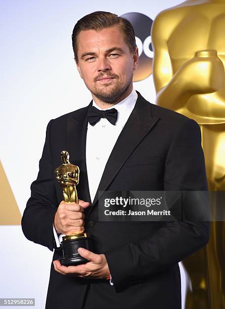 Actor Leonardo DiCaprio, winner of Best Actor for 'The Revenant,' poses in the press room during the 88th Annual Academy Awards at Loews Hollywood...