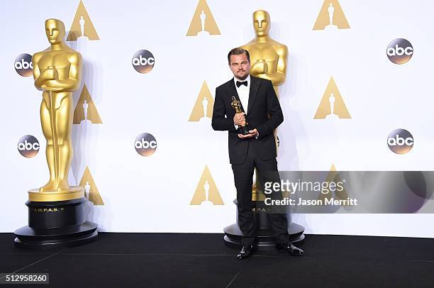Actor Leonardo DiCaprio, winner of Best Actor for 'The Revenant,' poses in the press room during the 88th Annual Academy Awards at Loews Hollywood...