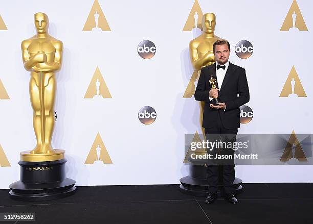 Actor Leonardo DiCaprio, winner of Best Actor for 'The Revenant,' poses in the press room during the 88th Annual Academy Awards at Loews Hollywood...