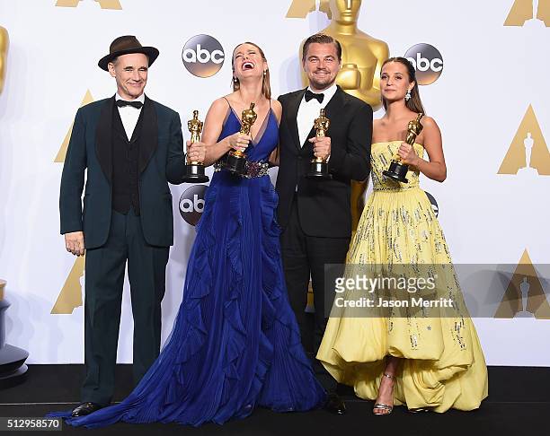 Actor Mark Rylance, winner of Best Supporting Actor for 'Bridge of Spies,' actress Brie Larson, winner of Best Actress for 'Room,' actor Leonardo...