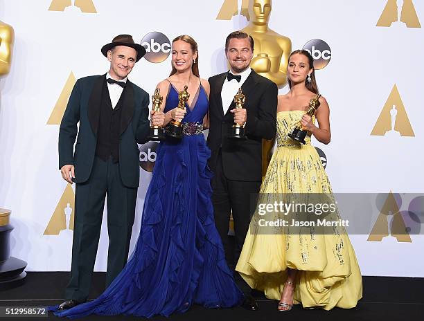 Actor Mark Rylance, winner of Best Supporting Actor for 'Bridge of Spies,' actress Brie Larson, winner of Best Actress for 'Room,' actor Leonardo...