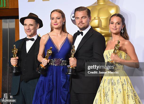 Actor Mark Rylance, winner of Best Supporting Actor for 'Bridge of Spies,' actress Brie Larson, winner of Best Actress for 'Room,' actor Leonardo...