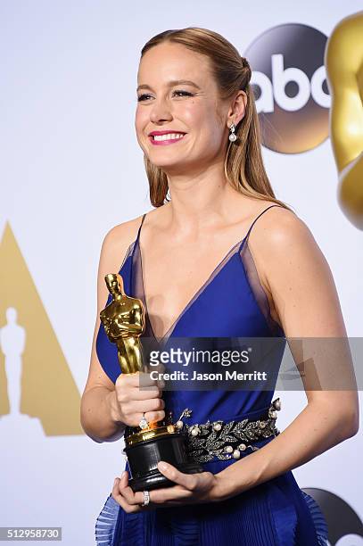 Actress Brie Larson, winner of Best Actress for 'Room,' poses in the press room during the 88th Annual Academy Awards at Loews Hollywood Hotel on...
