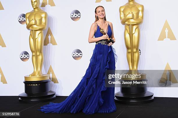 Actress Brie Larson, winner of the Best Actress award for 'Room,' poses in the press room during the 88th Annual Academy Awards at Loews Hollywood...