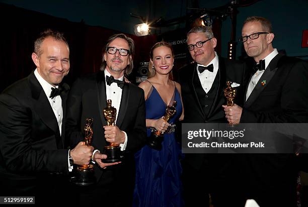 Producer Jonas Rivera, screenwriter Charles Randolph, actress Brie Larson, director Adam McKay, and director Peter Docter backstage at the 88th...