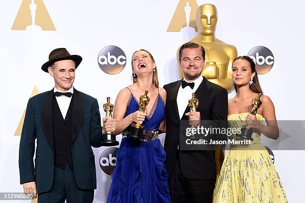 Actor Mark Rylance, winner of Best Supporting Actor for 'Bridge of Spies,' actress Brie Larson, winner of Best Actress for 'Room,' actor Leonardo...