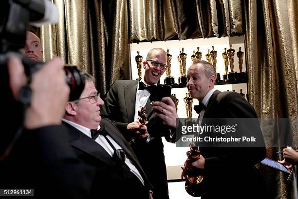 Director Pete Docter and producer Jonas Rivera winners of the Best Animated Feature Film award for 'Inside Out' backstage at the 88th Annual Academy...