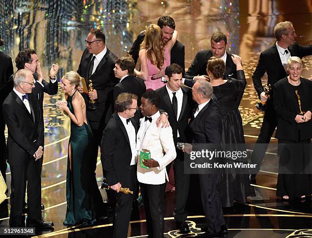 Best Picture winner 'Spotlight' cast and crew including actress Rachel McAdams, producer Michael Sugar, director Tom McCarthy, screenwriter Josh...