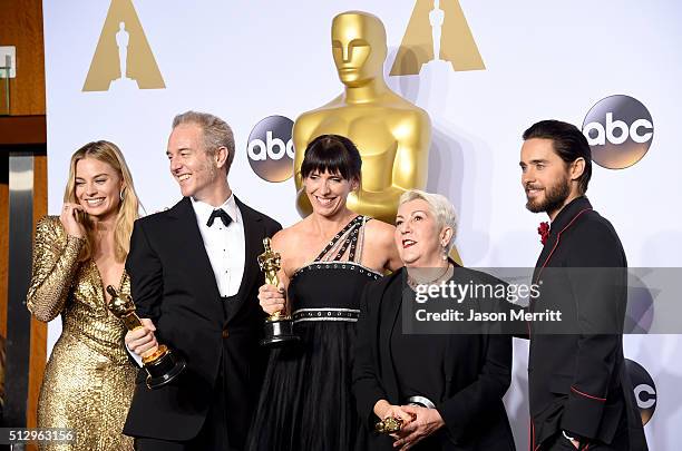 Actress Margot Robbie, makeup artists Damian Martin, Elka Wardega, Lesley Vanderwalt, winners of Best Makeup for 'Mad Max,' and actor Jared Leto pose...