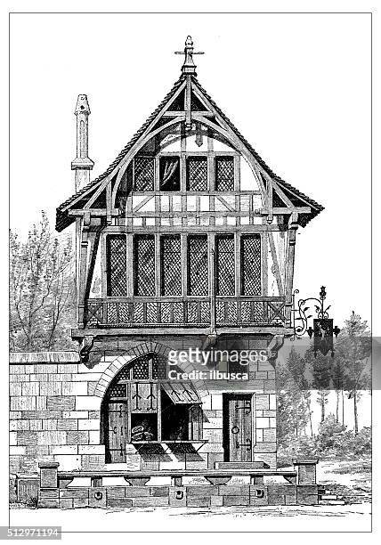 antique illustration of medieval european house - timber framed stock illustrations