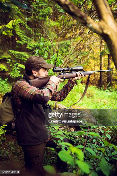 hunter aiming at prey while hiding in the forest - hunting rifle stock pictures, royalty-free photos & images