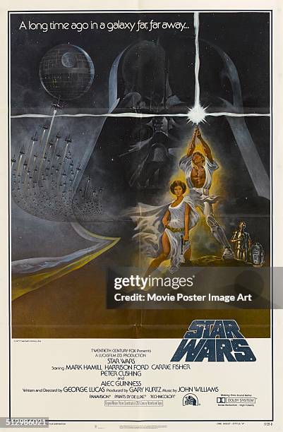 Poster for George Lucas' 1977 fantasy film 'Star Wars' starring Mark Hamill and Carrie Fisher.
