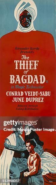 Poster for Ludwig Berger's and Michael Powell's '1940 adventure film 'The Thief of Bagdad' starring Conrad Veidt, Sabu, and June Duprez.