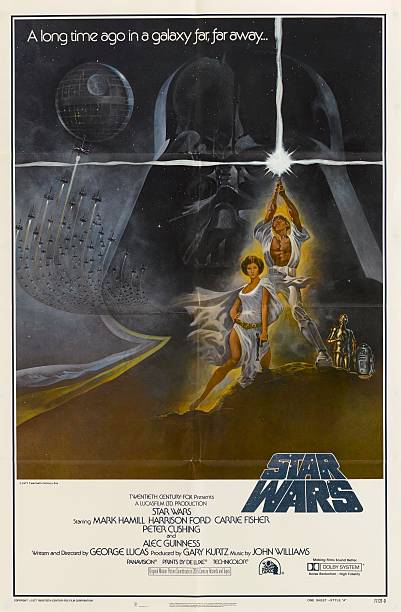 Poster for George Lucas' 1977 fantasy film 'Star Wars' starring Mark Hamill and Carrie Fisher.