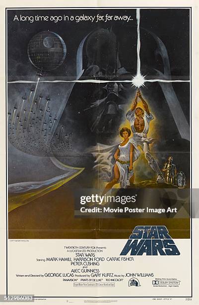 Poster for George Lucas' 1977 fantasy film 'Star Wars' starring Mark Hamill and Carrie Fisher.