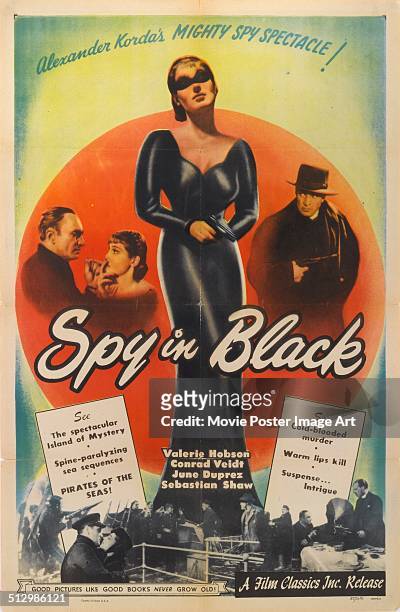 Poster for Michael Powell's 1939 thriller 'The Spy in Black' starring Conrad Veidt, Sebastian Shaw, and Valerie Hobson.
