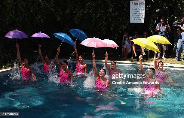 The Riverside Aquettes perform in the pool at the W Hollywood Yard Sale Preview Brunch on September 12, 2004 at a private residence in Los Angeles,...