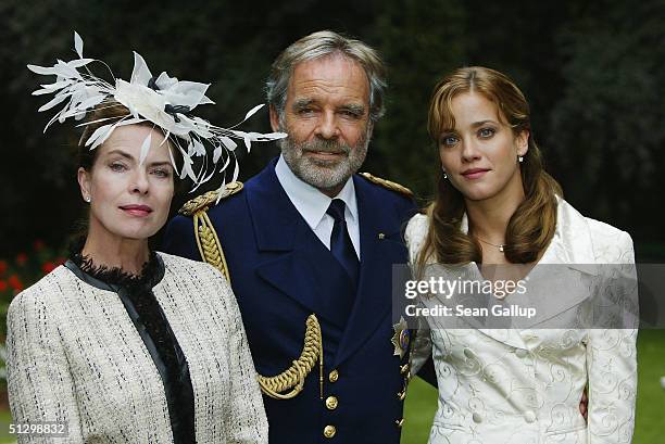 Actress Gudrun Landgrebe, actor Thomas Fritsch and actress Muriel Baumeister pose at a photocall on the set of the new German film for TV, "Eine...