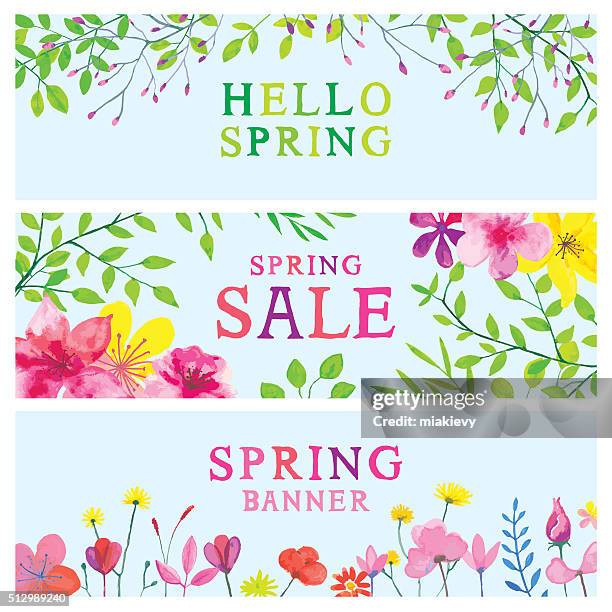 spring watercolor banners - weed leaf text symbol stock illustrations