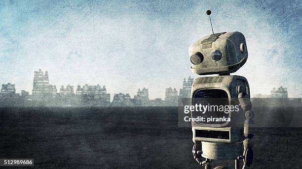 broken robot before a destroyed city - doomsday stock pictures, royalty-free photos & images