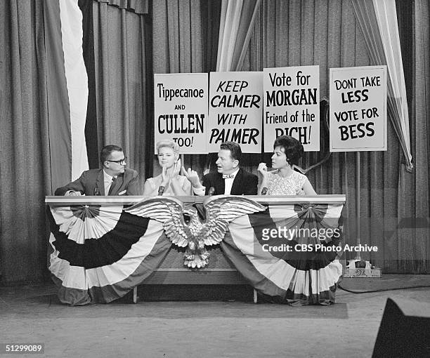 Scene from the television game show 'I've Got a Secret' shows, from left, American tv personalities Bill Cullen , Betsy Palmer, Henry Morgan , and...