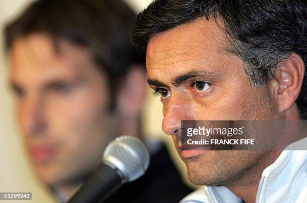 Chelsea's Portuguese coach Jose Mourinho speaks during a press conference, 13 September 2004 at the Parc des Princes stadium in Paris, on the eve of...