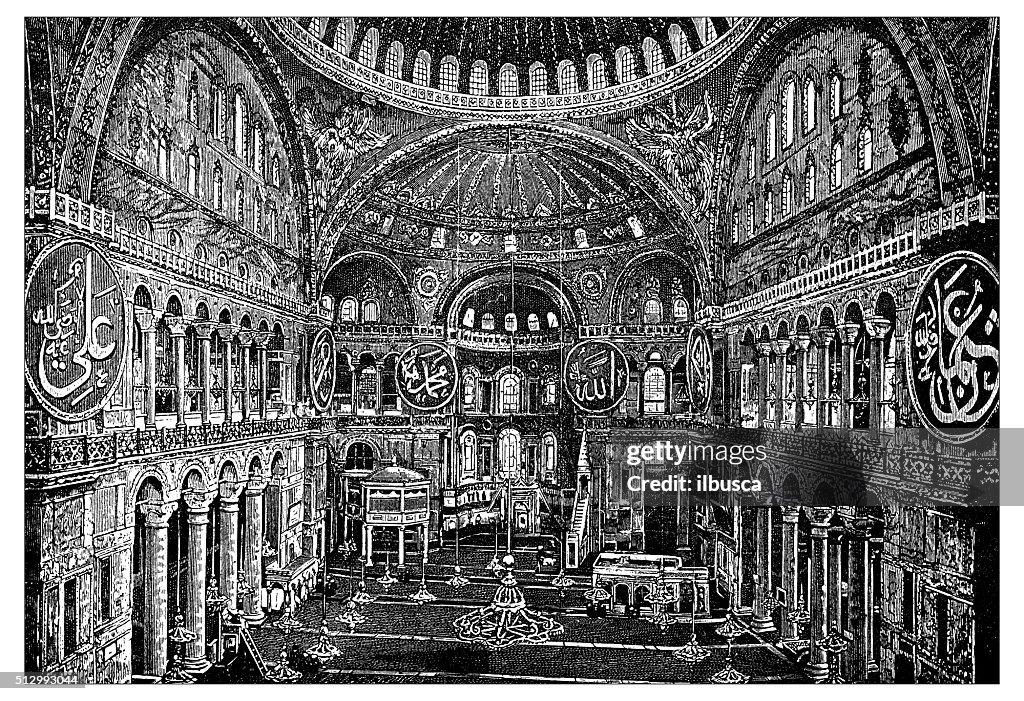 Antique illustration of view of Hagia Sophia, inside (Istanbul, Turkey)
