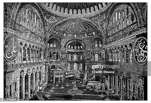 antique illustration of view of hagia sophia, inside (istanbul, turkey) - turkish and islamic arts museum stock illustrations