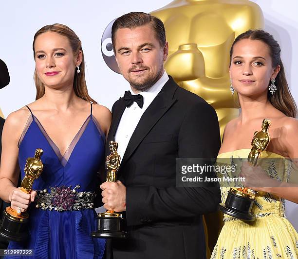 Actress Brie Larson, winner of Best Actress for 'Room,' actor Leonardo DiCaprio, winner of Best Actor for 'The Revenant,' and actress Alicia...