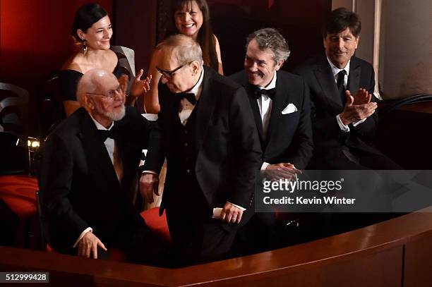 Composer Ennio Morricone wins the Best Original Score award for 'The Hateful Eight' with fellow nominated composers John Williams, Carter Burwell and...