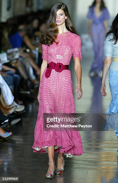 Model walks down the runway at the Jill Stuart show during Olympus Fashion Week Spring 2005 at the New York Public Library September 13, 2004 in New...