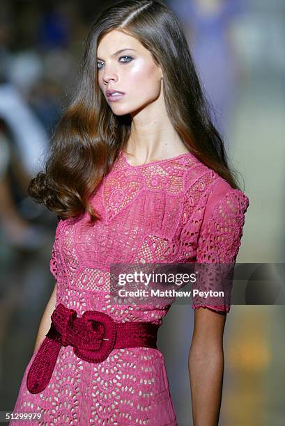 Model walks down the runway at the Jill Stuart show during Olympus Fashion Week Spring 2005 at the New York Public Library September 13, 2004 in New...