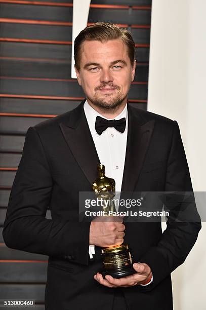 Actor Leonardo DiCaprio attends the 2016 Vanity Fair Oscar Party Hosted By Graydon Carter at the Wallis Annenberg Center for the Performing Arts on...