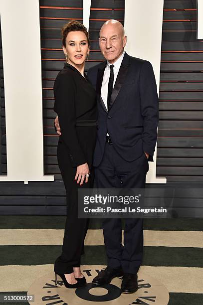 Singer Sunny Ozell and actor Patrick Stewart attend the 2016 Vanity Fair Oscar Party Hosted By Graydon Carter at the Wallis Annenberg Center for the...