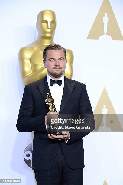Actor Leonardo DiCaprio, winner of the Best Actor award for 'The Revenant,' poses in the press room during the 88th Annual Academy Awards at Loews...