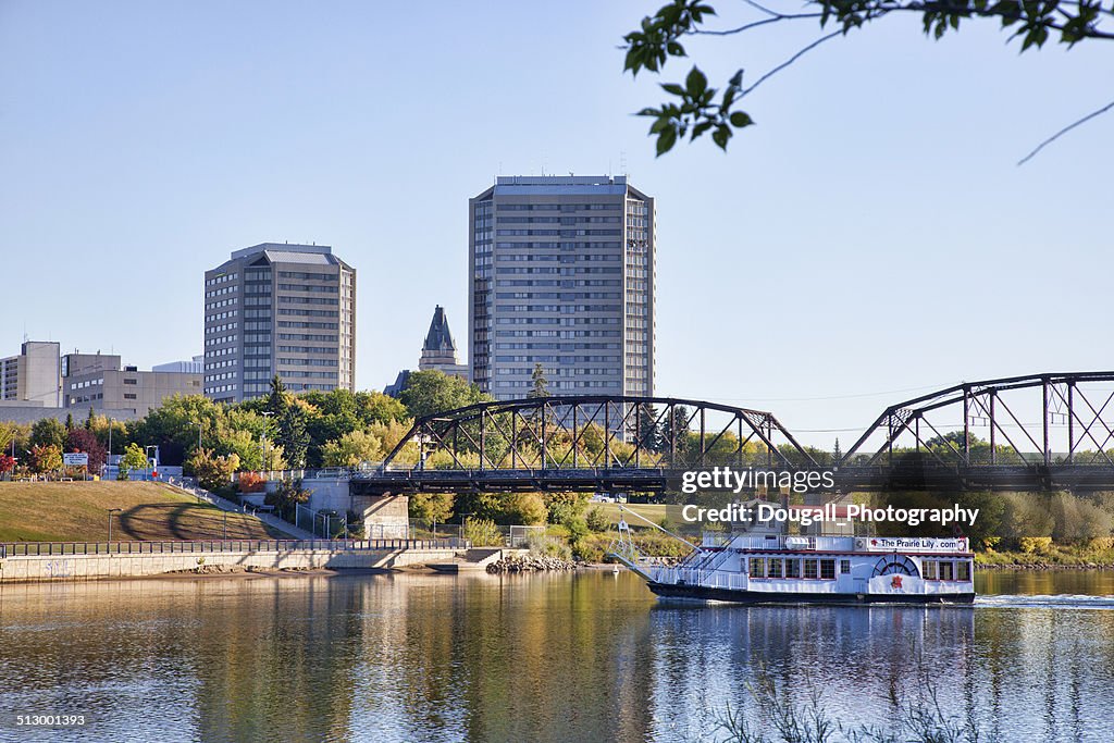 South Saskatchewan River in Downtown Saskatoon with Riverboat