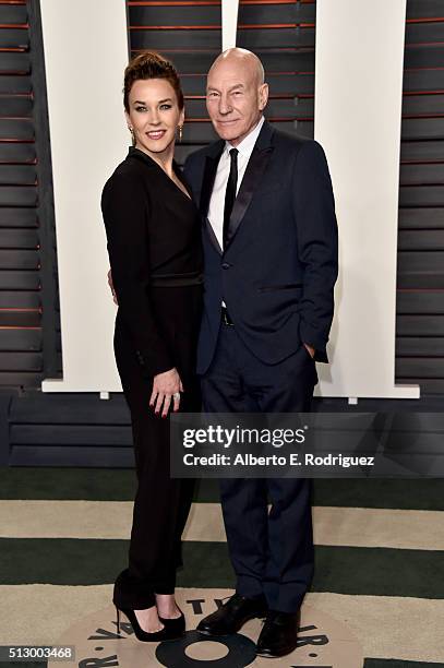 Singer Sunny Ozell and actor Sir Patrick Stewart attend the 2016 Vanity Fair Oscar Party hosted By Graydon Carter at Wallis Annenberg Center for the...