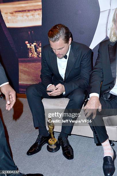 Actor Leonardo DiCaprio attends the 2016 Vanity Fair Oscar Party Hosted By Graydon Carter at the Wallis Annenberg Center for the Performing Arts on...